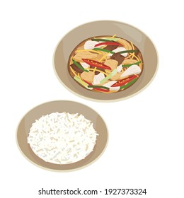 Healthy food a bowl of rice and chicken stir-fried with ginger, wood ear mushroom.