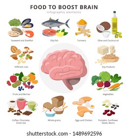 Healthy food for brains infographic elements in detailed flat design isolated on white background. Big collection of foods icons around the Brain illustration, medical infographic theme.