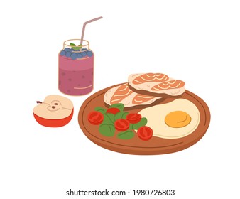 Healthy food for breakfast or lunch. Toasts with salmon slices, fried egg, fresh vegetables on wooden board, apple and berry smoothie. Colored flat vector illustration isolated on white background