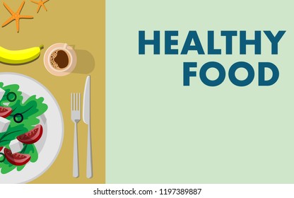 Healthy food for breakfast (plate of greek salad with tomato and feta cheese) with banana and coffee and text Healthy food in the copy space