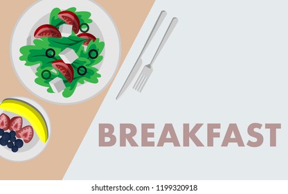 Healthy food for breakfast (plate of greek salad with tomato and feta cheese) with banana, strawberry and blueberry plate and coffee and text Breakfast in the copy space