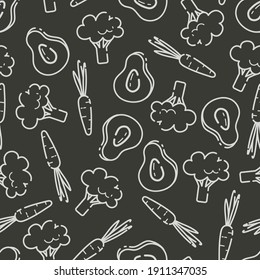 Healthy food. Broccoli, avocado and carrots. Fresh organic vegetables for a balanced diet. Thin line minimalistic flat style. Seamless dark background with pattern.	