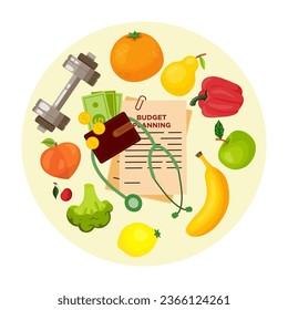 Healthy food and budget planning vector illustration. Fresh affordable fruit, vegetables, fitness equipment and health care service for keeping fit. Wellness, finance, healthy lifestyle concept