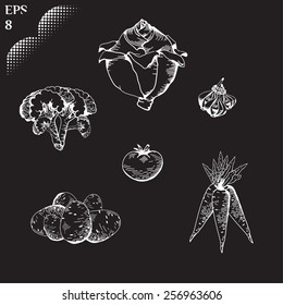Healthy food. Cabbage. Carrots. Cauliflower. Garlic. Potato. Tomato.Tasty vegetarian concept collection. Poster on chalkboard. Eps 8