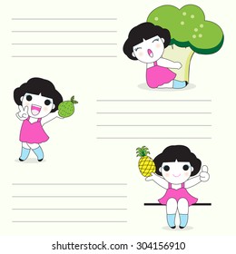Healthy Food Cartoon Character paper note illustration set