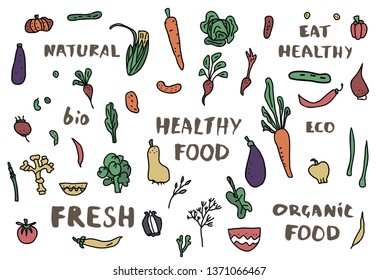 Healthy food ccollection with lettering. Vegetable set in doodle style. Vector design illustartion.