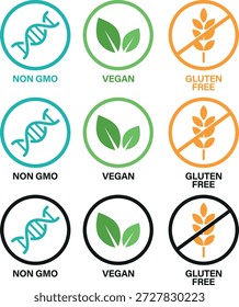 Healthy Food Certification Label Set, Non GMO Vegan and Gluten Free Icons for Product Packaging, Natural Organic Ingredient Symbols, Green and Orange Dietary Vector Icons on White