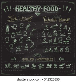 Healthy food chalkboard menu with hand drawn assorted fruits and vegetables chalk graphic symbols collection. Fresh juices, vegetarian salads, grilled vegetables