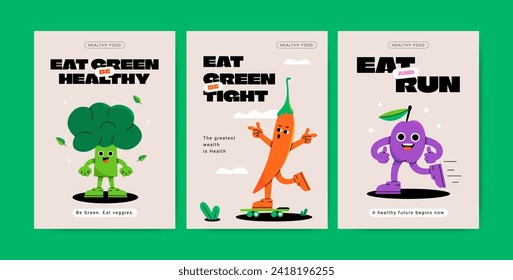 Healthy food characters poster set. Colorful design for poster, flyer, card. Flat vector illustration.