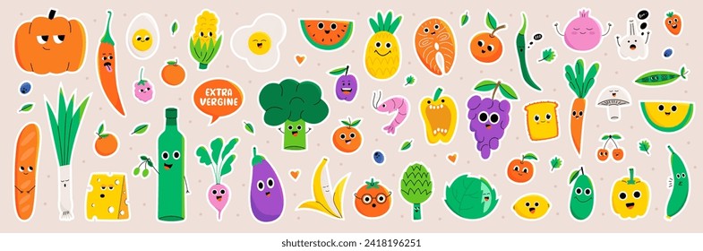 Paquete de stickers de caracteres alimentarios saludables. Colección de lindas frutas, verduras, bayas y pegatinas de productos. Ilustraciones aisladas de vectores planos.