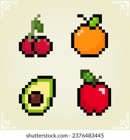 Healthy food, cherry, orange fruits, avocado, and apple fruits in 8 Bit Pixel art. Vegetarian foods icon for Retro games in vector illustrations.