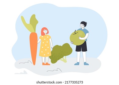 Healthy food for children with fresh fruit and vegetables. Tiny boy and girl holding carrot, broccoli and apple flat vector illustration. Diet concept for banner, website design or landing web page