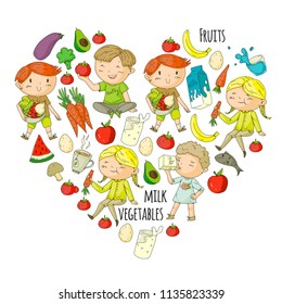 Healthy food for children. Kindergarten, school kids eating watermelon, eggplant, fish, tomato, avocado, milk, carrot, mushrooms. Fruits and vegetables. Vector patterns.