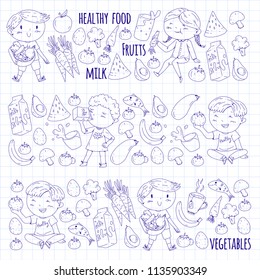 Healthy food for children. Kindergarten, school kids eating watermelon, eggplant, fish, tomato, avocado, milk, carrot, mushrooms. Fruits and vegetables. Vector patterns.