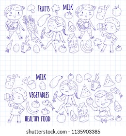 Healthy food for children. Kindergarten, school kids eating watermelon, eggplant, fish, tomato, avocado, milk, carrot, mushrooms. Fruits and vegetables. Vector patterns.