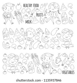 Healthy food for children. Kindergarten, school kids eating watermelon, eggplant, fish, tomato, avocado, milk, carrot, mushrooms. Fruits and vegetables. Vector patterns.