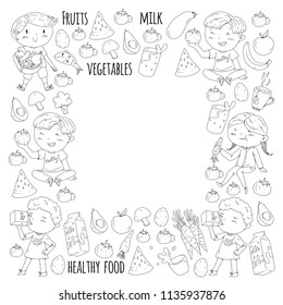 Healthy food for children. Kindergarten, school kids eating watermelon, eggplant, fish, tomato, avocado, milk, carrot, mushrooms. Fruits and vegetables. Vector patterns.