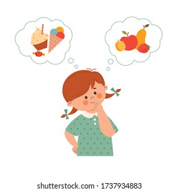 Healthy food for children. Little girl making a choice between sweets and fresh fruits. Vector illustration in cartoon style on a white background