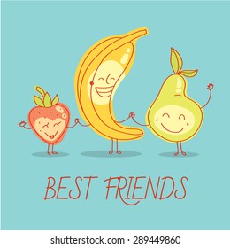 Healthy food for children. Strawberry, banana and pear. Blue background. Vector modern illustration, stylish design element