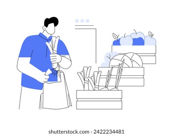 Healthy food choice isolated cartoon vector illustrations. Young smiling man buying fruit and vegetable in a supermarket, healthy lifestyle, grocery shopping, buying food vector cartoon.