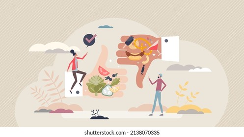 Healthy food choice over junk food for nutritious meal tiny person concept. Eating lifestyle with vegetables, fruits and greens product consumption vector illustration. Avoid sweets and snacks in diet