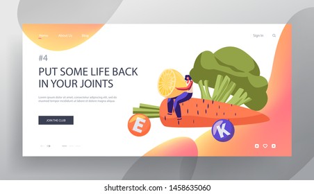 Healthy Food Choice Website Landing Page, Young Woman Sitting at Huge Carrot Holding Lemon Half with Broccoli, , Vitamin Products, Organic Vegetables Web Page. Cartoon Flat Vector Illustration, Banner