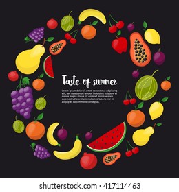 Healthy food circle of different fruit icons in flat style. Vector set. Modern flat design. Isolated objects. 