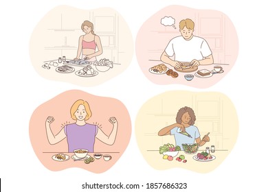 Healthy food, clean eating, diet, weight loss, nutrition, ingredients concept. Young positive people men and women cartoon characters eating healthy meals living healthy lifestyle. Wellness, bodycare 