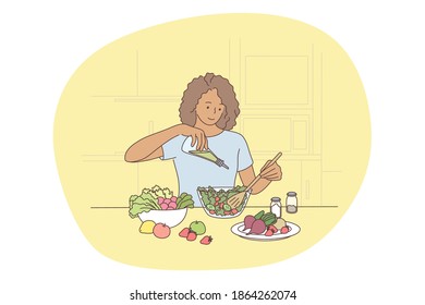 Healthy food, clean eating, nutrition concept. Young positive woman cartoon character cooking fresh healthy salad from ripe farm vegetables in kitchen. Wellness, bodycare, vegetarian lifestyle 
