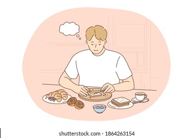 Healthy food, clean eating, nutrition concept. Young positive man cartoon thinking about benefits of healthy balanced breakfast at home with toasts and fruits. Wellness, bodycare