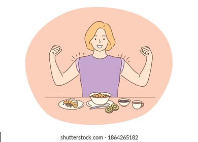 Healthy food, clean eating, nutrition concept. Young positive woman cartoon character feeling powerful after having healthy balanced breakfast at home with porridge and fruits. Wellness, bodycare