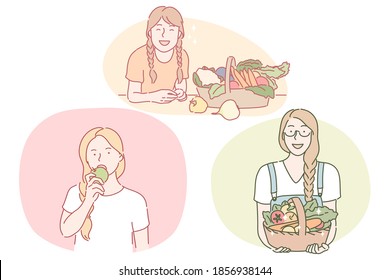 Healthy food, clean eating, vegetarian concept. Young positive women cartoon characters eating fresh vegetables and fruits and holding baskets with seasonal produce nutrition illustration