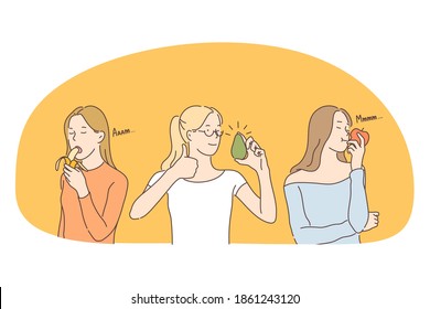 Healthy food, clean eating, vegetarian diet concept. Young positive woman eating fresh banana, avocado, apple and enjoying vegan diet. Wellness, bodycare, healthy lifestyle illustration