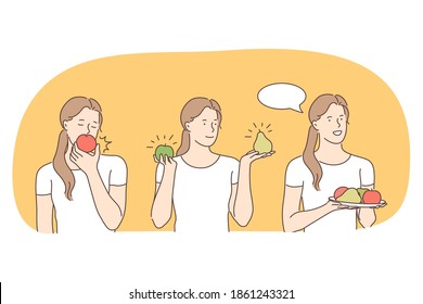 Healthy food, clean eating, vegetarian diet concept. Young positive woman eating fresh apple, pear, various fruits on plate enjoying vegan diet. Wellness, bodycare, healthy lifestyle illustration