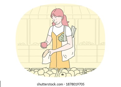 Healthy food, clean eating, vegetarian diet concept. Young positive woman cartoon character choosing fresh vegetables in fruits in grocery store. Wellness, bodycare, healthy lifestyle illustration