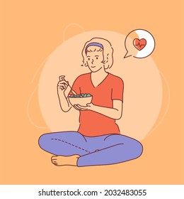 Healthy food, clean eating, vegetarian. Young happy hungry smiling woman girl vegan eat vegetable breakfast salad.