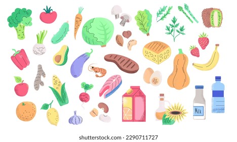 Healthy food clip art  Fruit   vegetable icons set  Grocery products illusrtation  Natural organic nutrition background