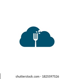 Concepto de la forma de la nube de alimentos saludable Diseño del logotipo. Icono del logotipo de la horquilla y hoja.