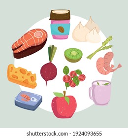 healthy food coffee cup fish apple beetroot cheese shrimp kiwi celery vector illustration