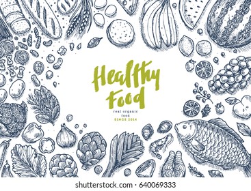 Healthy food collection. Good nutrition table background. Linear graphic. Hero image. Vector illustration