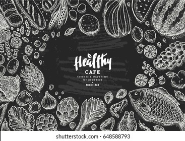 Healthy food collection. Good nutrition chalkboard table background. Linear graphic. Hero image. Vector illustration