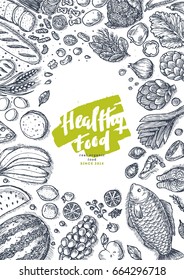 Healthy food collection. Good nutrition top view table background. Linear graphic. Hero image. Vector illustration