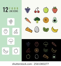 healthy food color filled icon set, food icon set, neon food icon set, black and white button, food black and white icon set