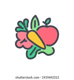 Icono de línea de color de comida saludable. Signo colorido del contorno vectorial de frutas y verduras.