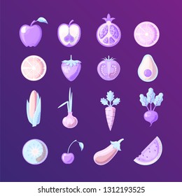 Healthy food colored flat icon set. Fruits and vegetables in one set, colored flat fresh healthy food icons, vector illustration. Healthy food Icon Set isolated on white background with neon colors