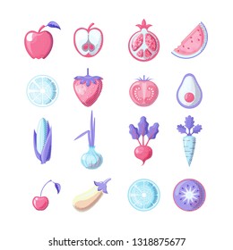 Healthy food colored flat icon set. Fruits and vegetables in one set, colored flat fresh healthy food icons, vector illustration. Healthy food Icon Set isolated on white background with neon colors