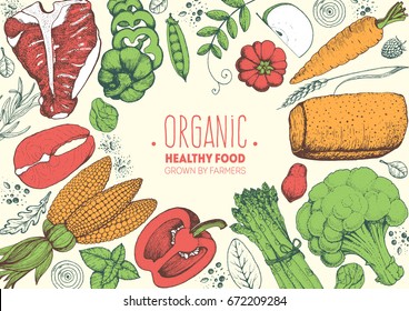 Healthy food colorful frame vector illustration. Vegetables, meat and fish hand drawn. Organic products set. Farm market food collection