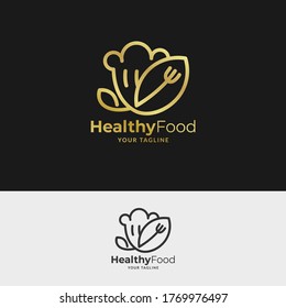 Healthy food - with a combination of chef hat, leaf and fork. Designed with luxury gold color. It is suitable for restaurant and other logos