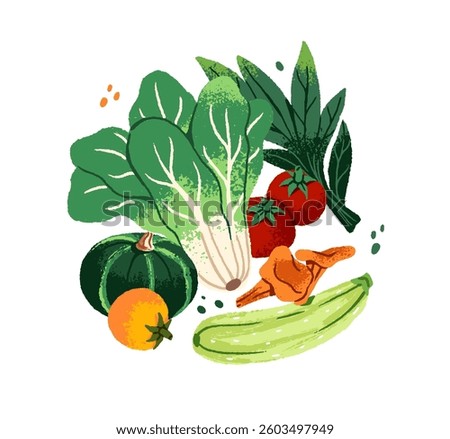 Healthy food composition. Different fresh vegetables, natural farm harvest. Autumn crop: salad, zucchini, tomato, greenery, mushrooms. Flat isolated hand drawn vector illustration on white background