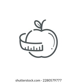 Healthy food concept apple single icon isolated on white background. Healthy diet weight loss icon.  Apple fruit with measuring tape vector outline sign.